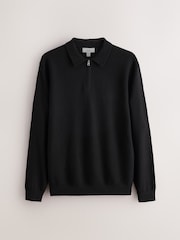 Black Smart Textured Quarter Zip Knitted Polo Shirt - Image 6 of 8