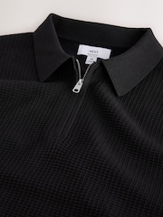 Black Smart Textured Quarter Zip Knitted Polo Shirt - Image 7 of 8