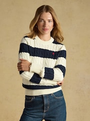 Joules Cream & Navy Striped Classic Crew Neck Cotton Cable Knit Jumper - Image 1 of 7