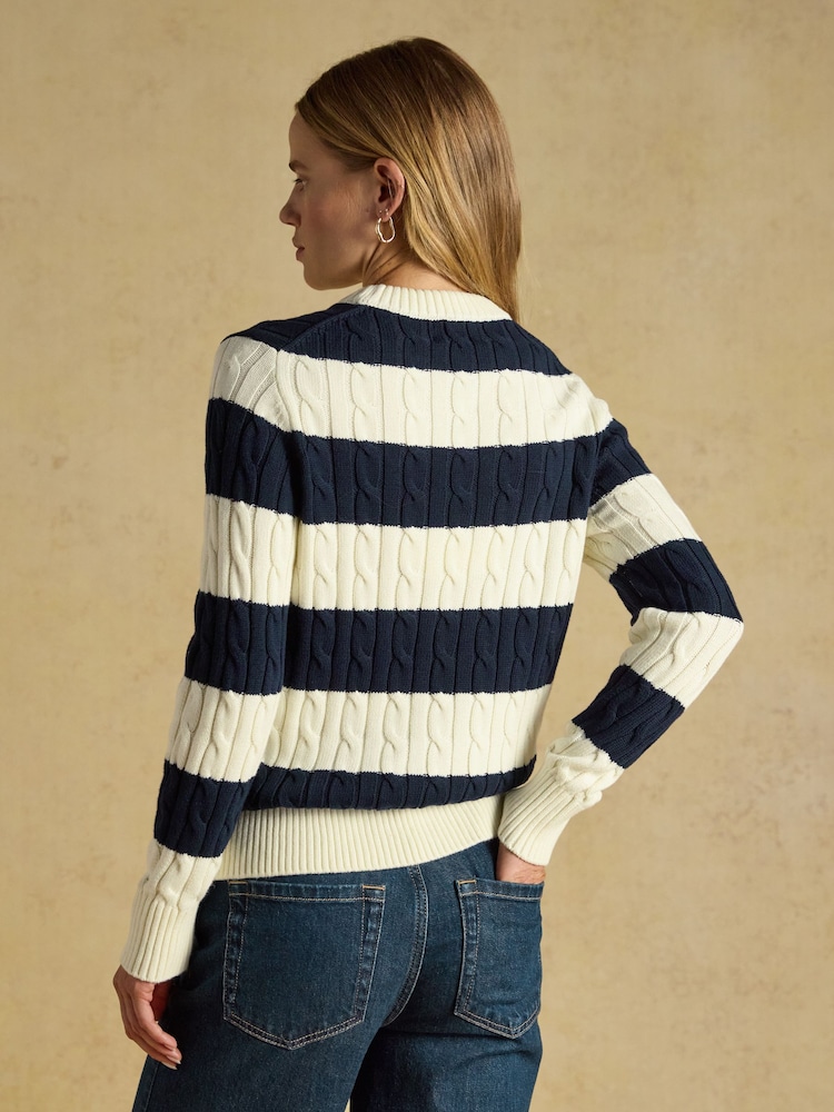 Joules Cream & Navy Striped Classic Crew Neck Cotton Cable Knit Jumper - Image 2 of 7