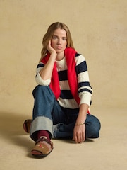 Joules Cream & Navy Striped Classic Crew Neck Cotton Cable Knit Jumper - Image 3 of 7