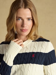 Joules Cream & Navy Striped Classic Crew Neck Cotton Cable Knit Jumper - Image 4 of 7