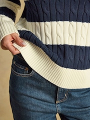Joules Cream & Navy Striped Classic Crew Neck Cotton Cable Knit Jumper - Image 6 of 7