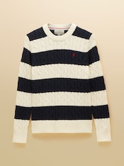 Joules Cream & Navy Striped Classic Crew Neck Cotton Cable Knit Jumper - Image 7 of 7