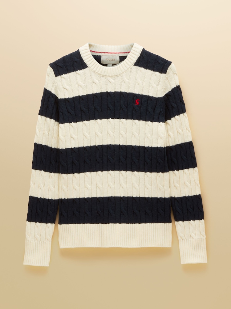 Joules Cream & Navy Striped Classic Crew Neck Cotton Cable Knit Jumper - Image 7 of 7