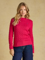 Joules Fuchsia Pink Classic Crew Neck Cotton Cable Knit Jumper - Image 1 of 7