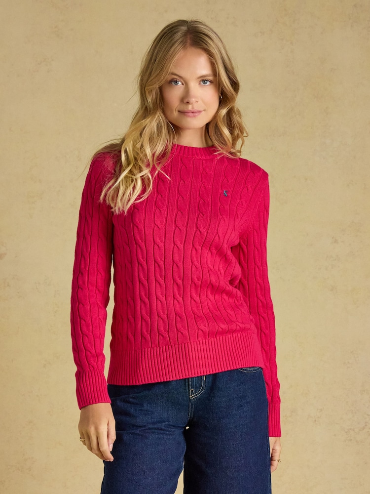 Joules Fuchsia Pink Classic Crew Neck Cotton Cable Knit Jumper - Image 1 of 7