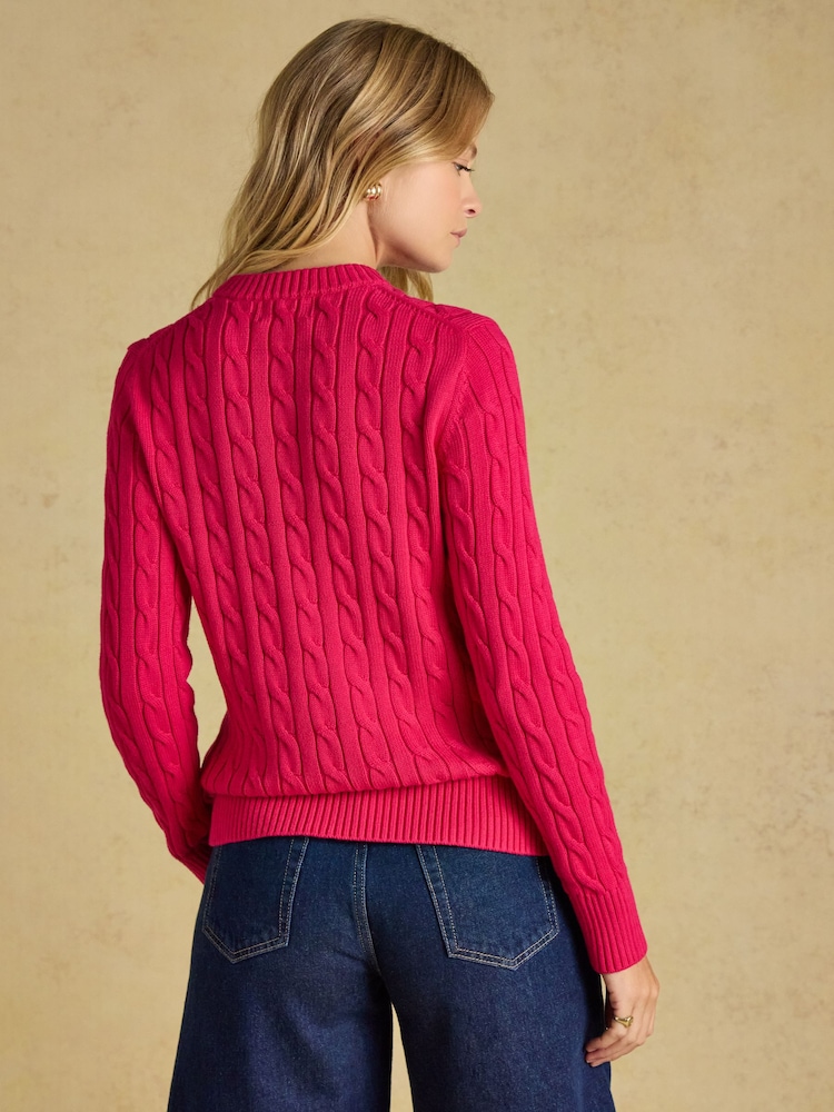 Joules Fuchsia Pink Classic Crew Neck Cotton Cable Knit Jumper - Image 2 of 7