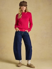 Joules Fuchsia Pink Classic Crew Neck Cotton Cable Knit Jumper - Image 4 of 7