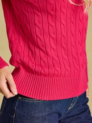 Joules Fuchsia Pink Classic Crew Neck Cotton Cable Knit Jumper - Image 5 of 7