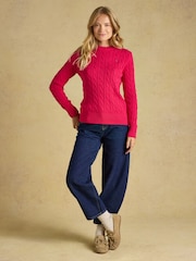 Joules Fuchsia Pink Classic Crew Neck Cotton Cable Knit Jumper - Image 6 of 7