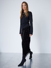 Black Velvet Lace Trim Midi Skirt - Image 2 of 5