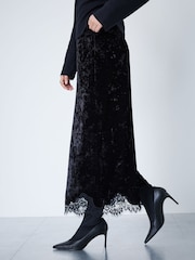 Black Velvet Lace Trim Midi Skirt - Image 3 of 5