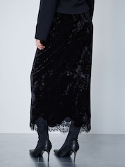 Black Velvet Lace Trim Midi Skirt - Image 4 of 5
