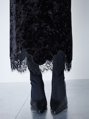 Black Velvet Lace Trim Midi Skirt - Image 5 of 5