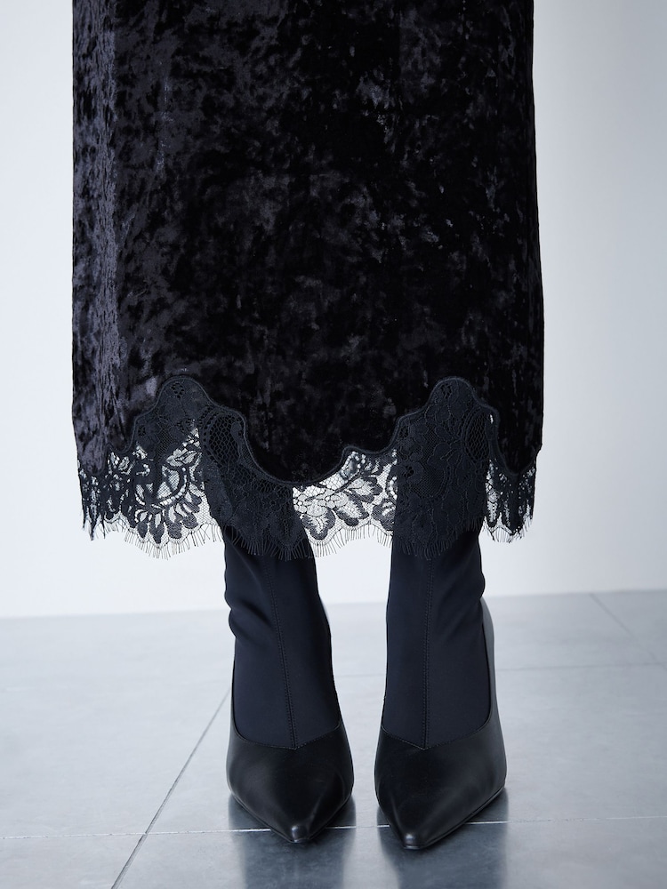Black Velvet Lace Trim Midi Skirt - Image 5 of 5