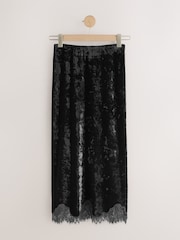 Black Velvet Lace Trim Midi Skirt - Image 6 of 8