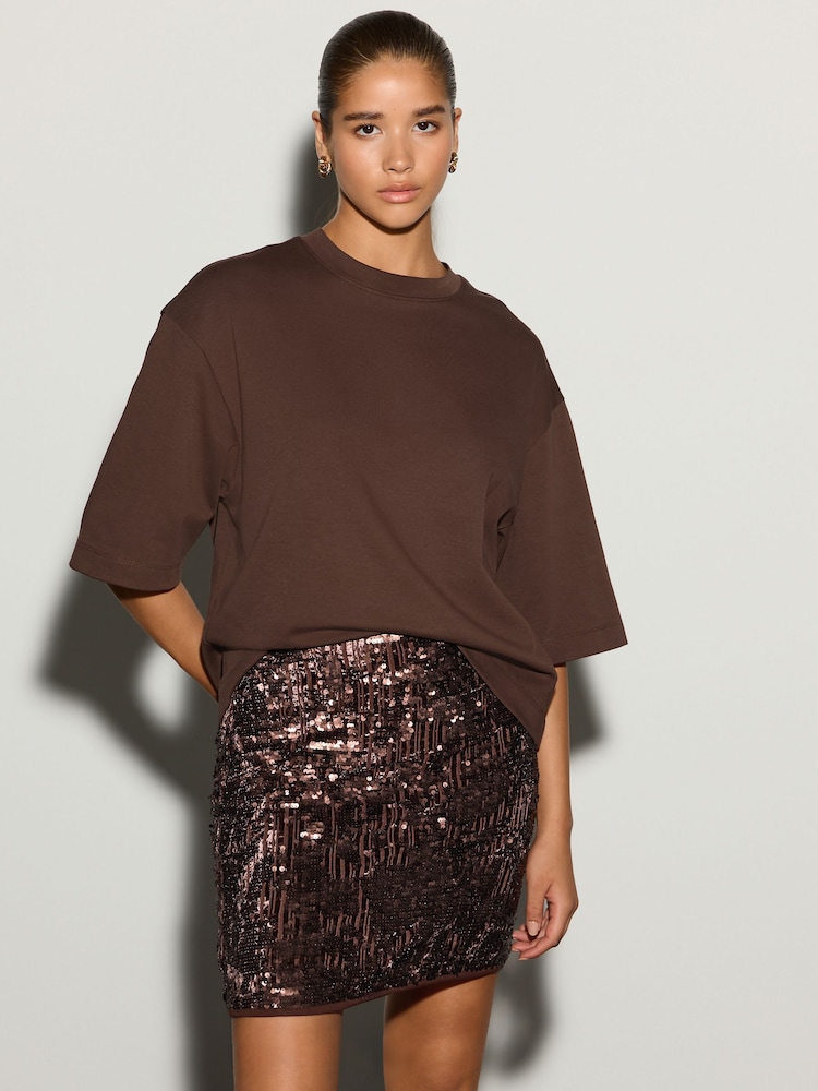 Chocolat Marron - Mini-jupe en velours à sequins - Image 1 de 7