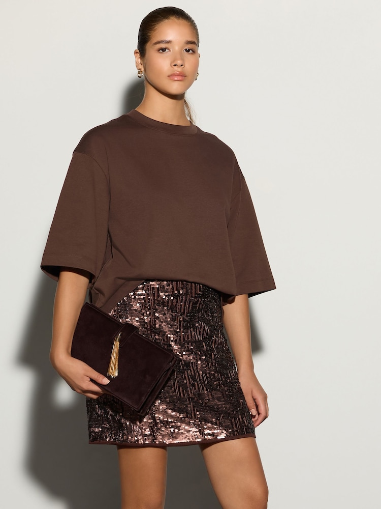 Chocolat Marron - Mini-jupe en velours à sequins - Image 2 de 7