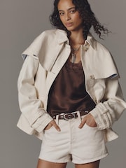 Anthropologie Maeve Sailor Collar Cotton Trench Cream Coat - תמונה 1 מתוך 4