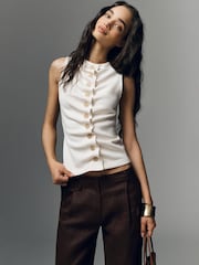 Anthropologie Ruched Sleeveless Buttondown Top - Image 1 of 4