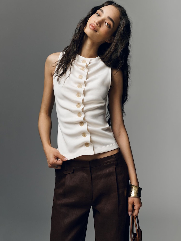 Anthropologie Ruched Sleeveless Buttondown Top - Image 1 of 4 Anthropologie Ruched Sleeveless Buttondown Top - Image 1 of 4