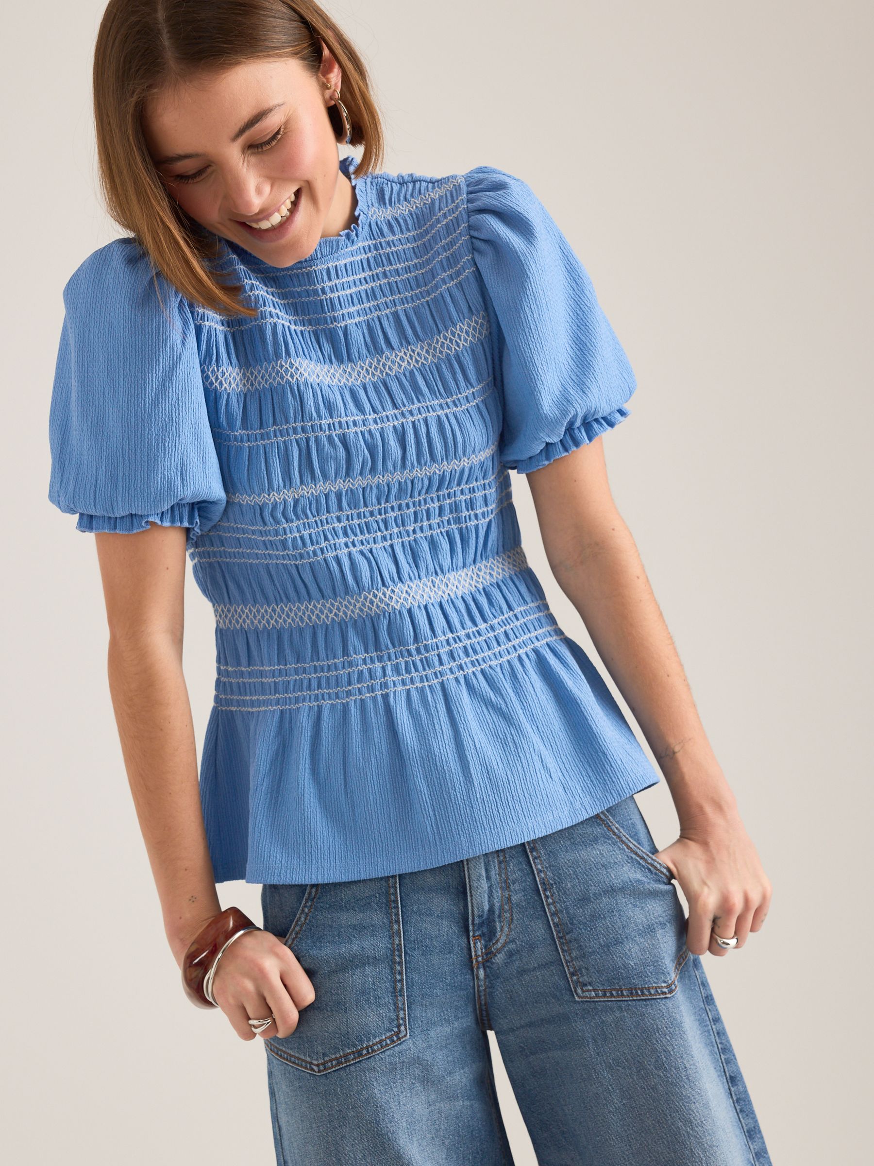 Buy Anthropologie Blue Contrast Stitch Smocked Fitted Short Puff