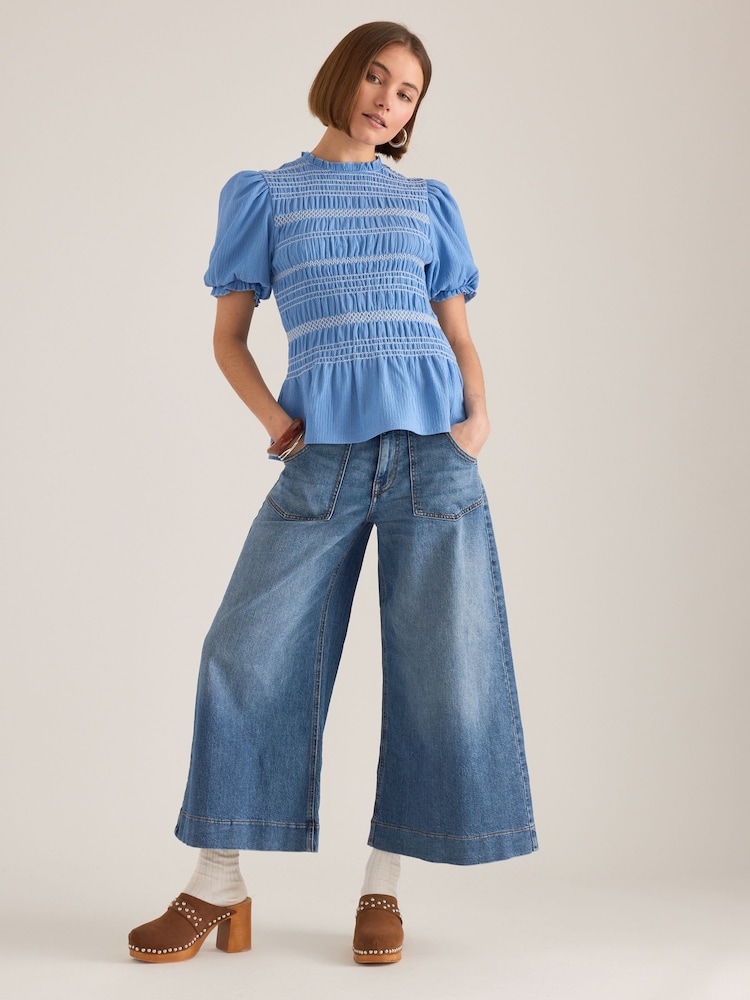 Μπλε - Anthropologie Contrast Stitch Smocked Top - Εικόνα 2 από 4