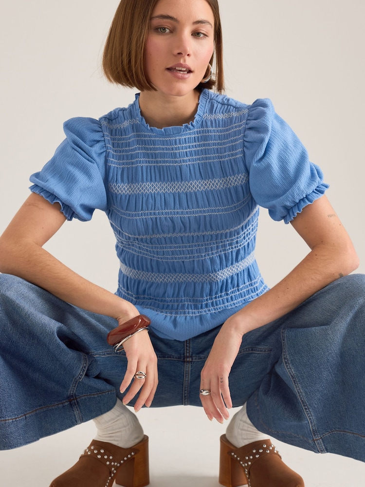 Μπλε - Anthropologie Contrast Stitch Smocked Top - Εικόνα 4 από 4