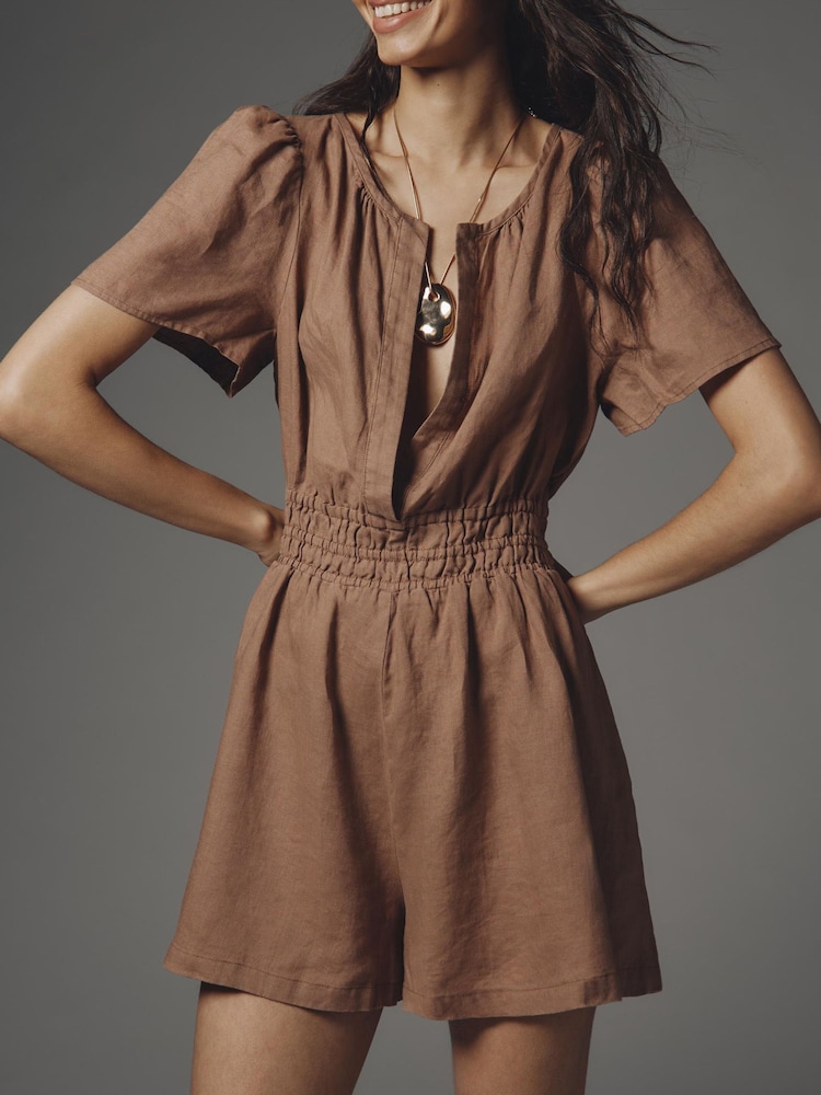 Anthropologie The Somerset Linen Edition Brown Playsuit - Image 2 of 4 Anthropologie The Somerset Linen Edition Brown Playsuit - Image 2 of 4