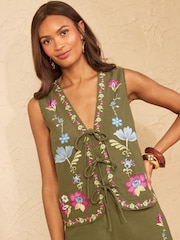 Love & Roses Green Floral Embroidered Tie Front Waistcoat - Image 1 of 5