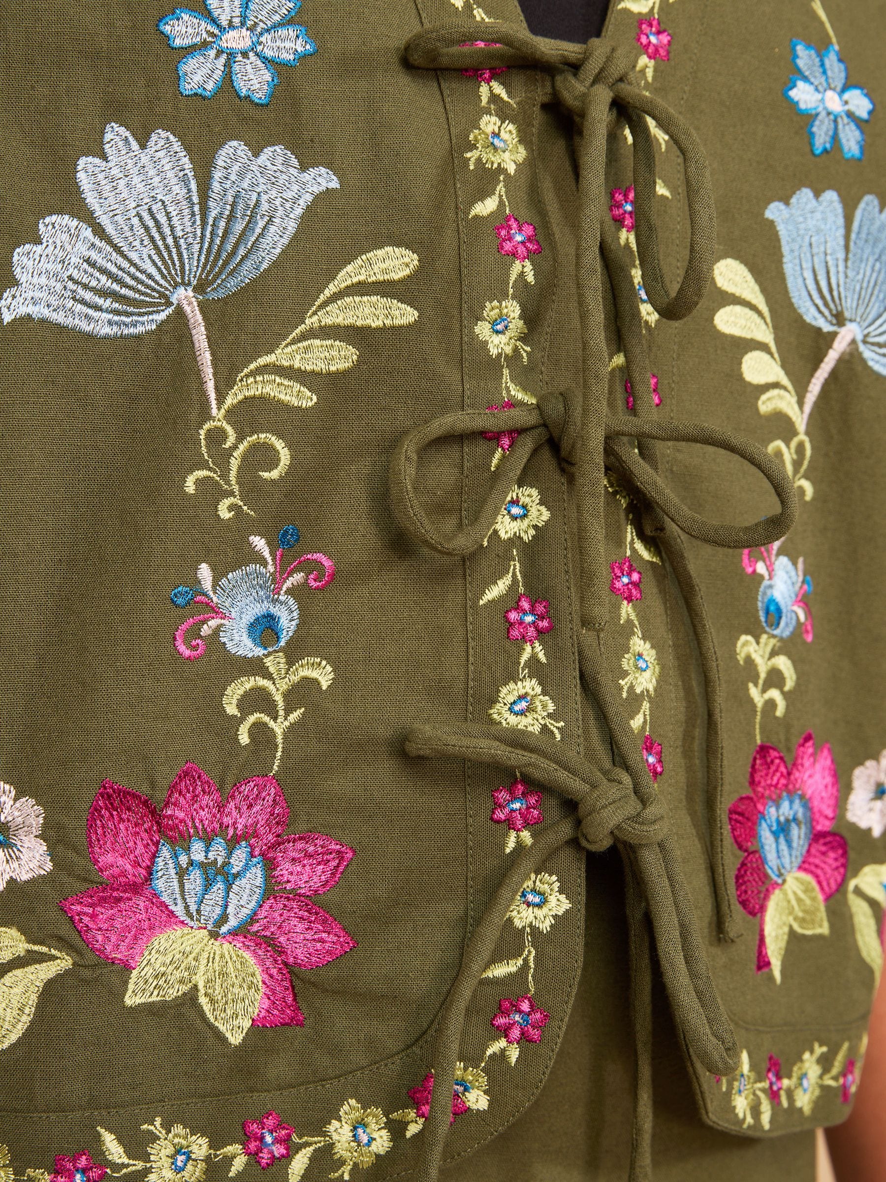 Buy Love & Roses Green Floral Embroidered Tie Front Waistcoat from