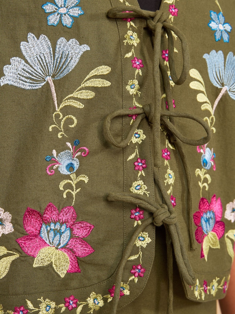Love & Roses Green Floral Embroidered Tie Front Waistcoat - Image 5 of 5 Love & Roses Green Floral Embroidered Tie Front Waistcoat - Image 5 of 5