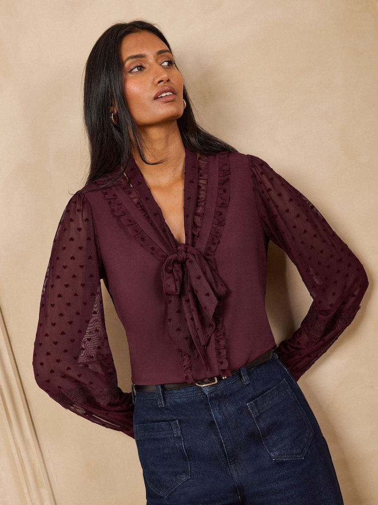 Love & Roses Mesh Heart Pussybow Long Sleeve Blouse - 2 paveikslėlis iš 4