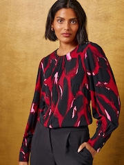 Love & Roses Red Animal Print Pintuck Long Sleeve Blouse - Image 1 of 4