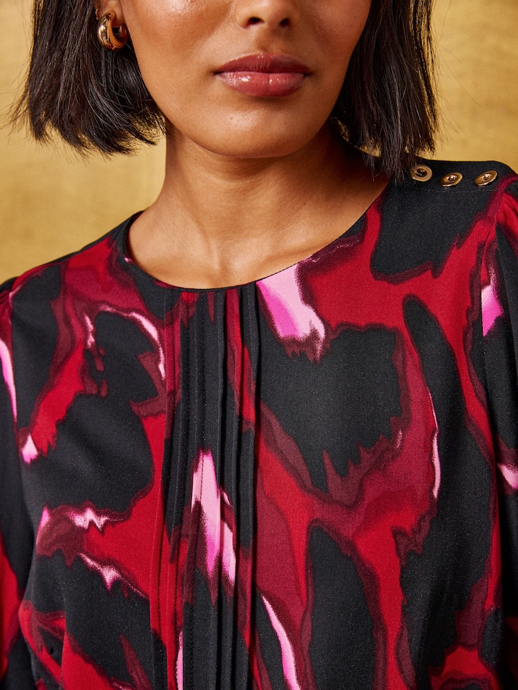 Love & Roses Red Animal Print Pintuck Long Sleeve Blouse - Image 2 of 4 Love & Roses Red Animal Print Pintuck Long Sleeve Blouse - Image 2 of 4