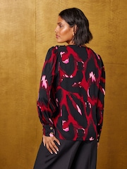 Love & Roses Red Animal Print Pintuck Long Sleeve Blouse - Image 4 of 4