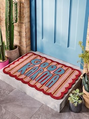 Eleanor Bowmer Pink Slogan Good Karma Printed Coir Scallop Doormat - Image 1 of 4