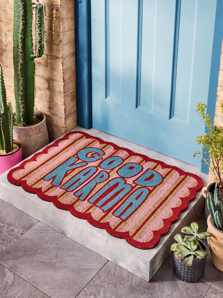 Eleanor Bowmer Pink Slogan Good Karma Printed Coir Scallop Doormat - Image 1 of 4