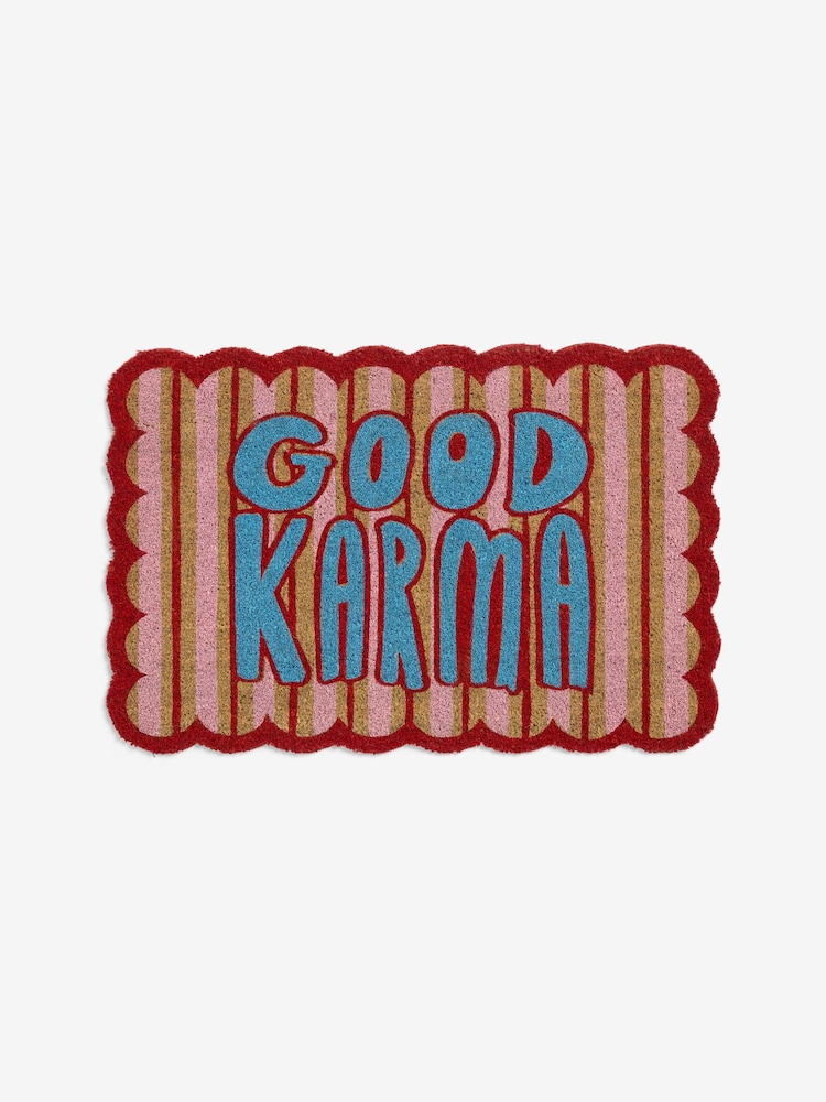 Eleanor Bowmer Pink Slogan Good Karma Printed Coir Scallop Doormat - Image 4 of 4