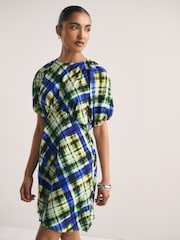 Berde/Asul na Check Print - Mini Dress na may Puff Sleeve - Larawan 2 ng 7