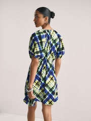 Berde/Asul na Check Print - Mini Dress na may Puff Sleeve - Larawan 3 ng 7
