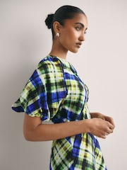 Berde/Asul na Check Print - Mini Dress na may Puff Sleeve - Larawan 4 ng 7