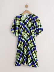 Berde/Asul na Check Print - Mini Dress na may Puff Sleeve - Larawan 5 ng 7