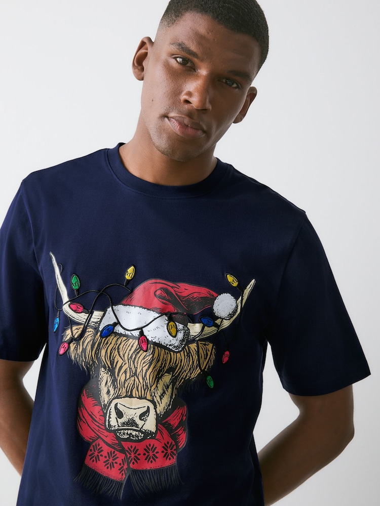 Navy Blue Hamish Christmas Graphic T-Shirt - Image 1 of 7 Navy Blue Hamish Christmas Graphic T-Shirt - Image 1 of 7