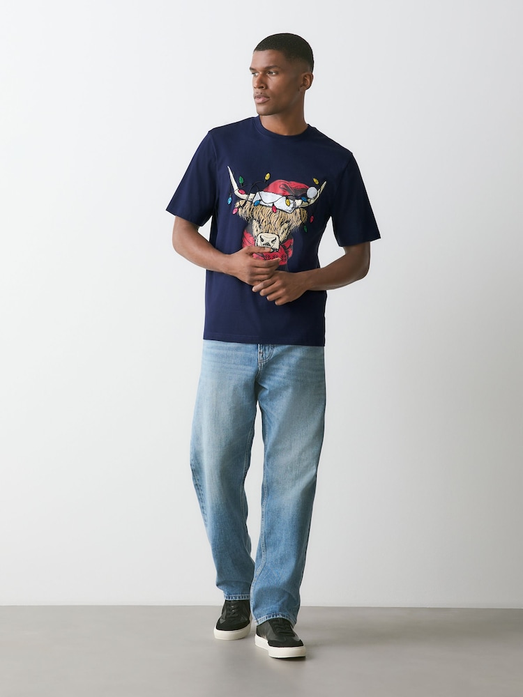 Navy Blue Hamish Christmas Graphic T-Shirt - Image 2 of 7 Navy Blue Hamish Christmas Graphic T-Shirt - Image 2 of 7