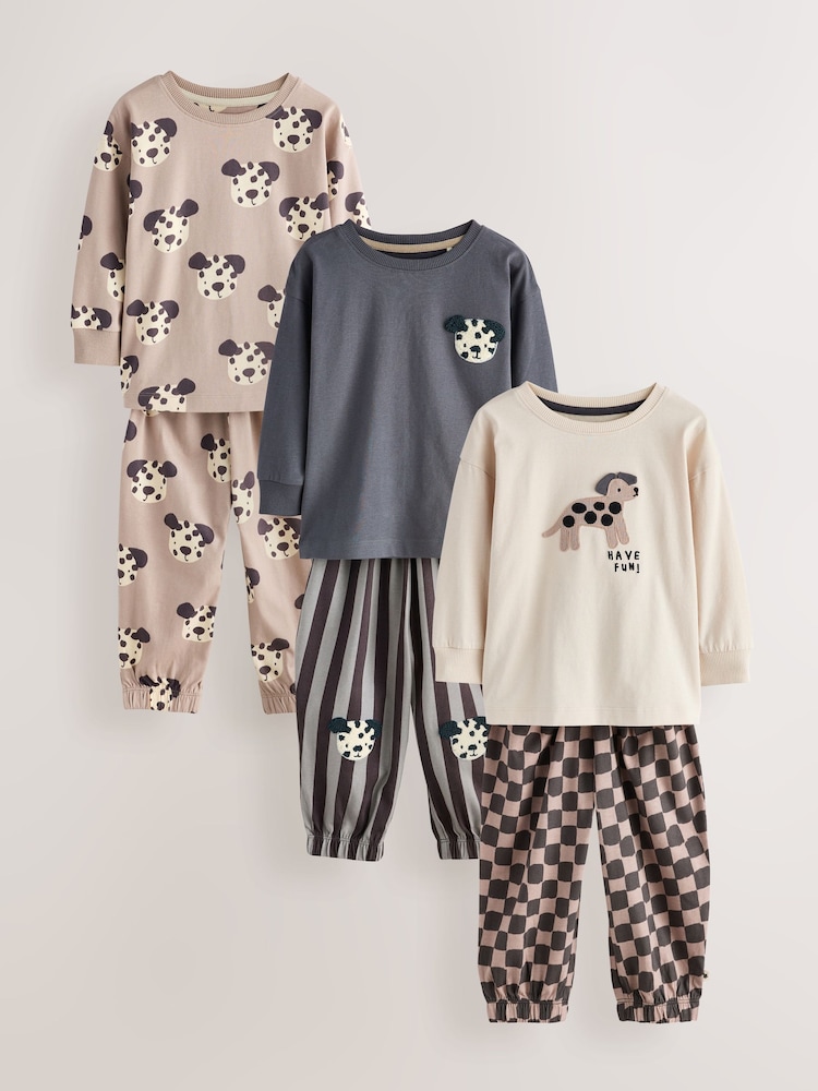 Ecru/Charcoal Mono Dog Oversized Pyjamas 3 Pack (9mths-10yrs) - Image 1 of 7 Ecru/Charcoal Mono Dog Oversized Pyjamas 3 Pack (9mths-10yrs) - Image 1 of 7