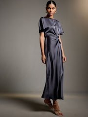 Petrol Blue Satin Short Sleeve Twist Front Midi Dress - Image 1 of 4