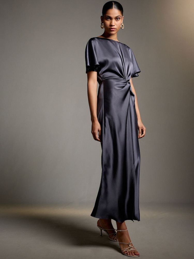 Petrol Blue Satin Short Sleeve Twist Front Midi Dress - Image 1 of 4