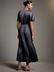 Petrol Blue Satin Short Sleeve Twist Front Midi Dress - Image 2 of 4